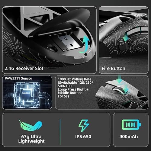 AULA SC620 Gaming Mouse Wireless,BT5.0/2.4G/USB-C Gamer Mice,PAW3311 Sensor,Up to 12000DPI,7 Programmable Buttons,67g Lightweight,400mAh Battery,RGB,Rechargeable Mouse for Laptop/PC/Mac (Black-L) thumbnail 5