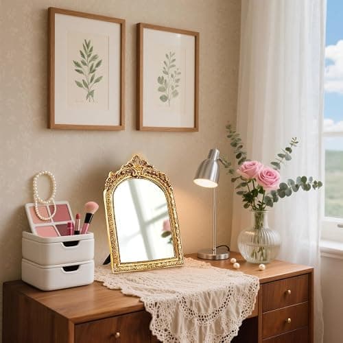 YUSONG Vintage Makeup Mirror for Tabletop - 8" Antique Gold Arched Desk Mirrors with Resin Frame Vanity Table Mirror for Bedroom Living Room Retro Decor thumbnail 2