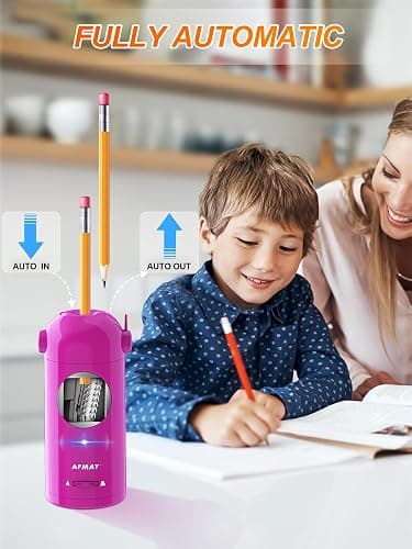 AFMAT Electric Pencil Sharpener, Fully Automatic Pencil Sharpener for Classroom, 7-11.5mm Colored/Jumbo Pencils, Auto in & Out, Rechargeable Hands-Free Sharpener for Home Office PSX5, Pink thumbnail 2