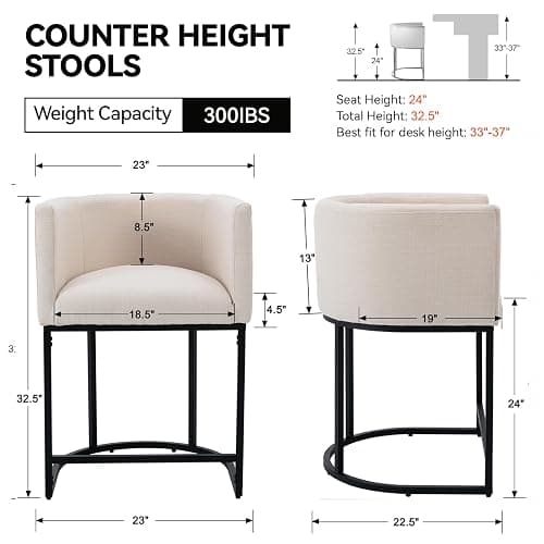 RIVOVA Contemporary Cream Linen Bar Stools Set of 3, 24" Upholstered Fabric Counter Height Barstools Kitchen Counter Island Stools with Screwed Together Black Metal Base thumbnail 2