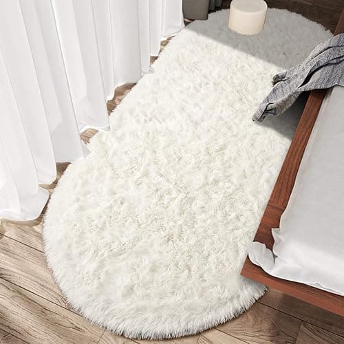 junovo Washable, Non-Slip Area Rug,Oval Fluffy Ultra Soft Area Rugs for Bedroom Plush Shaggy Carpet for Kids Room Bedside Nursery Mats, 2.6 x 5.3ft, Creamy thumbnail 6