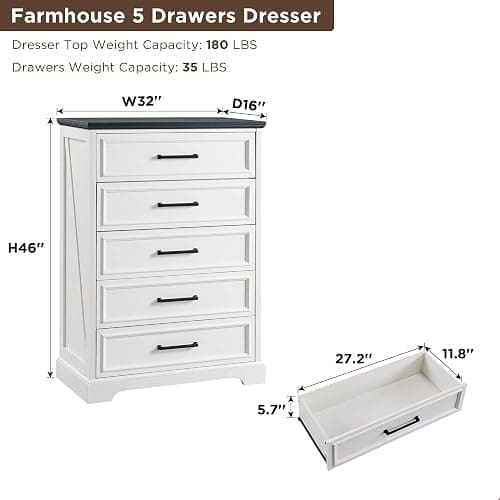 ACCOHOHO Farmhouse 5 Drawers Dresser Chests for Bedroom,46" Tall Wood Rustic Chest of Drawers with Wide Metal Handle,Natural Texture,Drawer Organizer for Bedroom,Living Room,Hallway and Entryway,White thumbnail 2