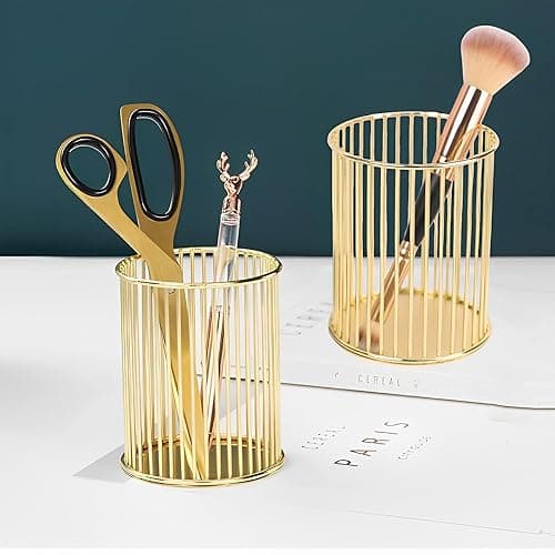POCOSER Gold Pen Holder for Desk, Metal Pencil Holders Makeup Brushes Cup for Preppy Room Decor Office Home Bedroom School Organizer Toothbrush Holder Gold Decor Aesthetic Gift Accessories - Image 1