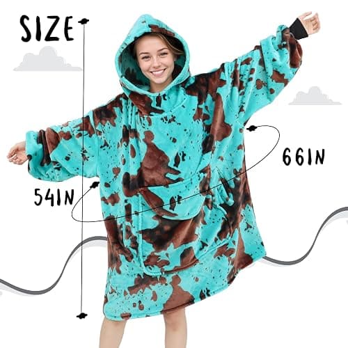 KIVEE Blue Cow Print Wearable Blanket Hoodie Oversized Fleece Sweatshirt Blanket with Giant Pocket Warm Cozy Hooded Blanket for Adult Cow Gifts for Women Men thumbnail 2