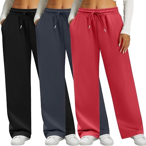 Neer 3 Pack Women's Sweatpants with Pockets, High Waisted Casual Yoga Pants Cozy Lounge Drawstring Loose Wide Leg Jogger - Image 1