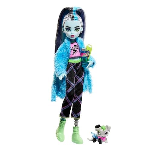 Monster High Creepover Party Doll, Frankie Stein with Pet Dog Watzie, Sleepover Clothes & Accessories like Pillow & Furry Robe - Image 1