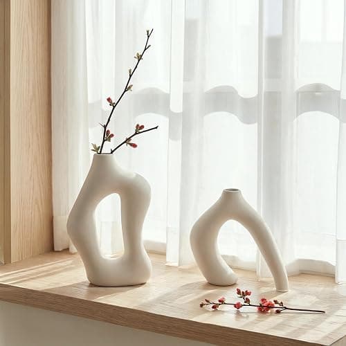 Dowan White Vases for Decor,Hollow Ceramic Vase Set of 2,8.3" Nordic Modern Boho ins Style Decorative Ceramic Aesthetic Flower Vase for Home Decor Modern Minimalist Table, Entryway Centerpieces thumbnail 7