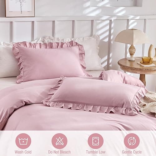 Lekesky Ruffle Duvet Cover Queen Size, Farmhouse Shabby Chic 3 Pieces Washed Microfiber Pink Girls Bedding Set, Soft Aesthetic Queen Comforter Cover with Ruffled Edges, Zipper & Corner Ties thumbnail 7