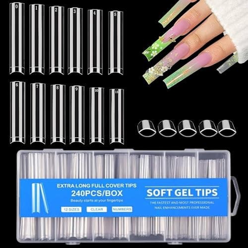 MtnLaur 240Pcs Long Square Nail Tips, Long Square Nails, 12 Sizes No C Clear Nail Tips, French Acrylic Straight Clear False Nail Extension for Beginner and Professional Home Salon DIY - Image 1
