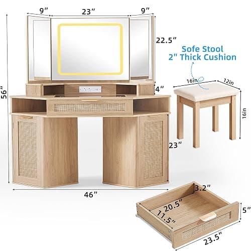 Lerliuo Corner Vanity Desk with 3 Way Mirror and Lights, 46'' Rattan Makeup Vanity with Glass Top Drawer, Natural Wood Make Up Storage Cabinets with Charger for Bedroom thumbnail 2