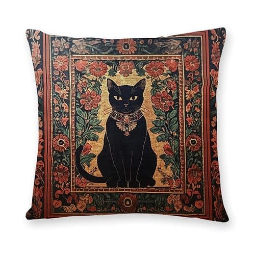YOU FOUND ME William Morris Abstract Vintage Black Cat Design Throw Pillow Cover Home Decor, Art Decor Pillowcase Cushion Cover for Bed Sofa Living Room, Indoor and Outdoor 18x18inch (Black Cat5) - Image 1