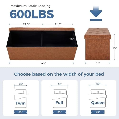 DUMOS Foldable Storage Ottoman Bench 43in, Foot Rest Stool, Synthetic Leather Storage Chest with Thicker Foam Padded Seat for Entryway Living Room, Modern Brown thumbnail 3