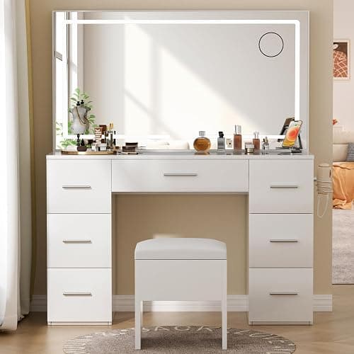 VALONDINO Makeup Vanity Desk with Power Outlet, 46'' Glass Top Vanity Set, 7 Drawers Vanity Table with Cushioned Stool, 3 Lighting Modes Brightness Adjustable,White thumbnail 3