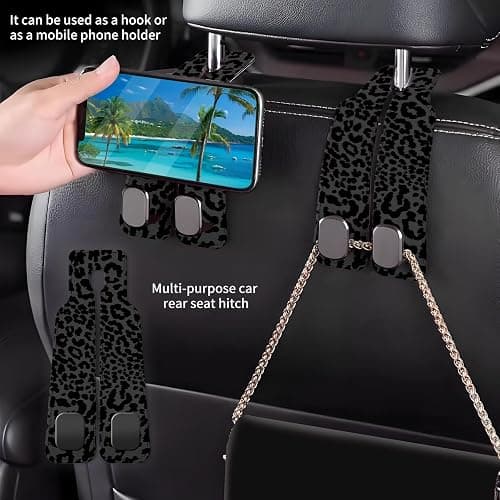 AXBSAKDI Car Seat Back Storage Headrest Hook, Premium Leather Double Metal Hook, Hanger Storage Organizer for Purse Cloth Bag, Car Interior Accessories Luxury Black Leopard thumbnail 3