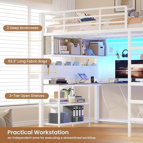 VIAGDO Loft Bed Full Size with L-Shaped Desk and 5 Storage Drawers, Full Size Loft Bed with Charging Station and LED Lights, Metal Loft Bed with Safety Guardrail & Ladder, Space-Saving (White) thumbnail 4