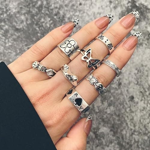 Hifot 29 Stück Y2K Ringe Set für Damen und Männer - Gothic Emo Silber, Punk Grunge Vintage - Herz, Schlange, Blume, Schmetterling, Yin Yang, Totenkopf, Frosch Accessoires Schmuck thumbnail 5