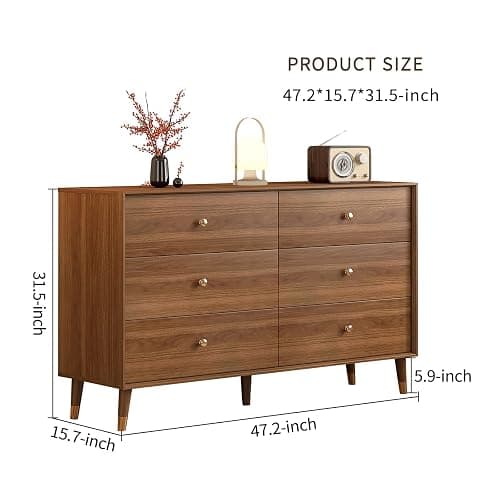 Messenya Dresser for Bedroom, 47 Inch 6 Drawer Wooden Chest of Drawers | FSC Certified Mid Century Modern Walnut Finish Wooden Dresser with Tapered Legs, Easy Assembly, Clearance for Robot Vacuum thumbnail 2