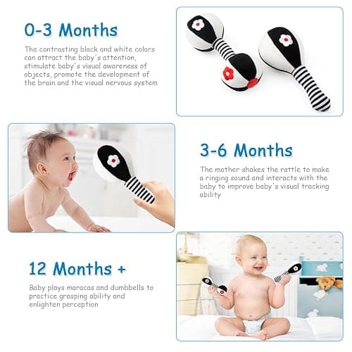 JoyLife Jouets D'éveil Bebe 0 3 6 12 Mois, Noirs et blancs Jouet de Peluche Hochets Haltère Cadeau pour Bebe Garçon Fille, Voyage Douce Jouets en Peluche avec des sons pour Nouveau-né cadeaux thumbnail 4