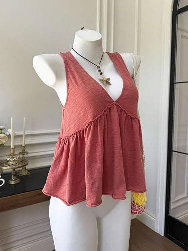 XZfushi Womens Spring Summer Short Sleeve Summer Clothes Spliced A-Line Washing Retro Casual Washed Tank Top Clothing thumbnail 5