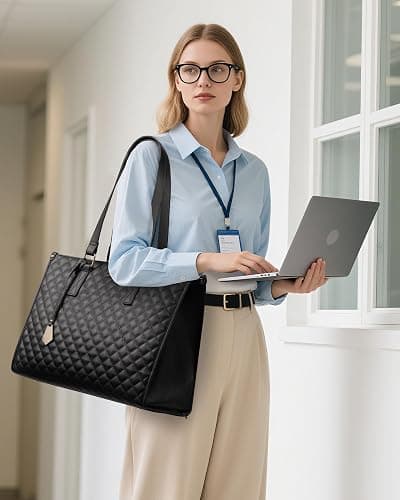 LOVEVOOK Lunch Tote Bag for Women, 15.6 Inch Laptop Bag with Insulated Lunch Compartment, Quilted Large Capacity Computer Handbag with Purse for Business, Work, Nurse, Office, Collage, Casual, Black thumbnail 2