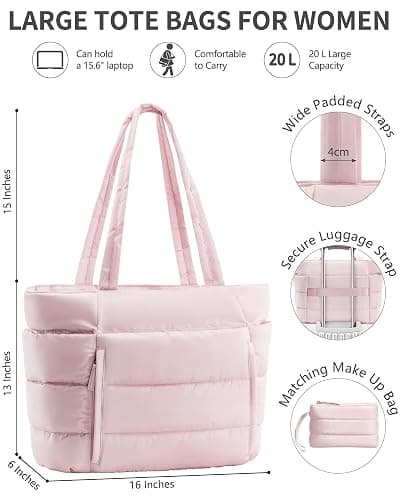 Bagstellar Puffer Tote Bag for Women, Lightweight Puffy Work Handbag Teacher Nurse Quilted Shoulder Bag for School Travel Gym | Cloud Bag w/ Zipper, Daily College Bags, 15.6" Computer Bag, Clinical Nursing Bag, 40 OZ Tumbler Holder, Ideal Gift for Women thumbnail 3