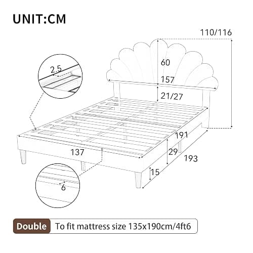 BTM Upholstered Double Bed 4FT6-135x190cm, Double Bed Frame with Adjustable Petal-like Headboard and Solid Wood Slat, Velvet, Beige - 135x190cm - Beige thumbnail 2