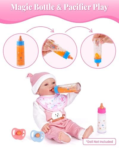 BABESIDE Baby Doll Accessories, 10 Pcs Disappearing Doll Feeding Set for Toy Stroller, Baby Care Pretend Play Kit with Magic Bottles, Pacifiers, Bib, Diaper & Carry Bag for 12–15 Inch Dolls thumbnail 3
