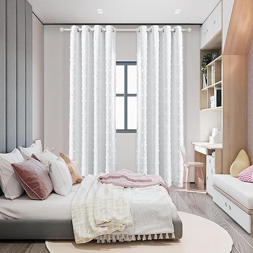 MYSKY HOME 100% White Blackout Curtains for Living Room Bedroom 84 Inches Long Total Light Blocking Drapes for Girls Room Thermal Insulated Curtains with Pom Pom Sheer Grommet Set of 2, 50W x 84L thumbnail 8