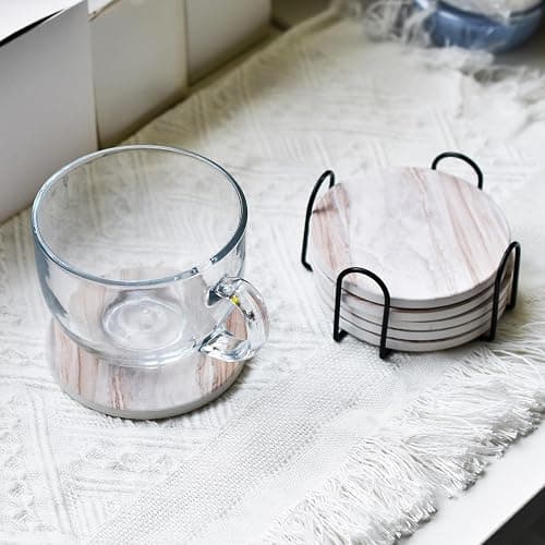 6PCS Coasters for Drinks with Metal Holder, Marble Style Ceramic Drink Coaster, Absorbent Coasters Set Suitable for Kinds of Cups, Wooden Table, Cool Home Decor, 4 Inches thumbnail 2