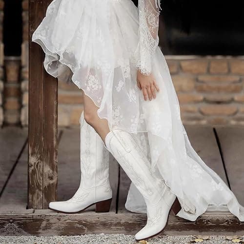 Ouepiano Cowboy Boots for Women Knee High Cowgirl Boots with Classic Embroidered Slip On Pointed Toe Chunky Heel Pull On Fashion Retro Tall Boot thumbnail 3