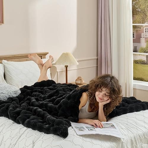 Wajade Fluffy Faux Fur Throw Blanket for Couch Bed 50x60 Inches, Luxury Ultra Soft Thick Fuzzy Plush Bubble Blanket, Reversible Warm Cozy Blanket for Sofa Chair, Black thumbnail 6