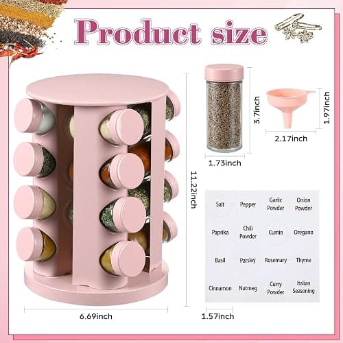 Yungyan Pink Rotating Spice Rack Seasoning Organizer with 16 Empty Jars, Spice Containers Set with Labels and Funnel, Revolving Seasoning Rack for Kitchen Accessories (Stainless Steel,Glass) thumbnail 2