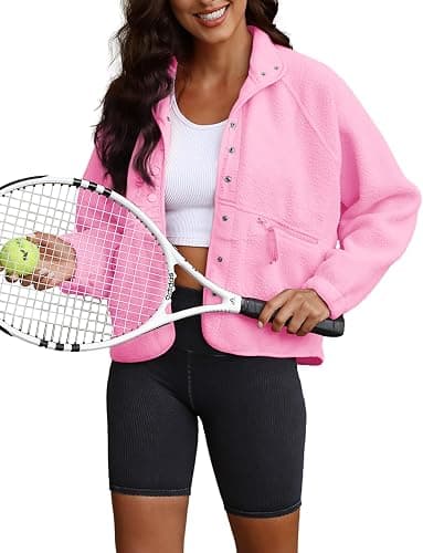 ReachMe Womens Sherpa Jacket Casual Lapel Button Down Cropped Fuzzy Fleece Jackets Long Sleeve Winter Coats with Pockets thumbnail 2