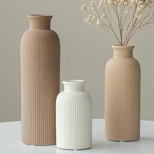 Modern Ceramic Vase Set, Earth Tone Natural Color Ribbed Matte Design, 3-Piece Decorative Vases for Home, Living Room, Office (Coffee Mix) thumbnail 9