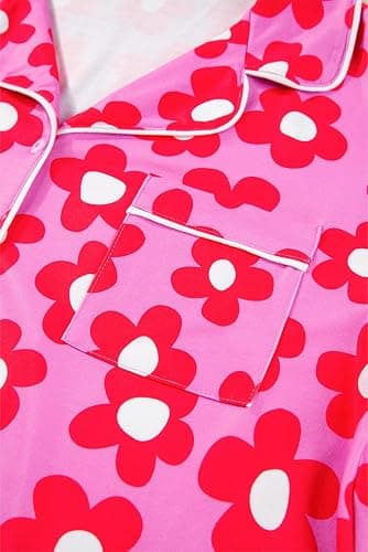 KevaMolly Womens Pajama Sets Pink Flower Print Buttoned Drawstring Waist Lounge Set Short Sleeve Top and Shorts thumbnail 4