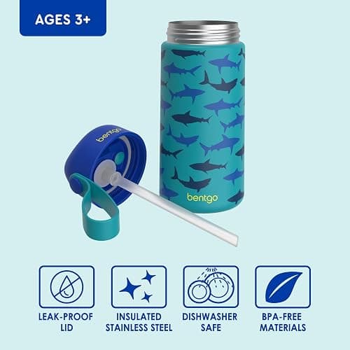 Bentgo® Kids Stainless Steel Insulated Water Bottle - Leak-Proof; Keeps Cool for 12 Hours; Durable, BPA-Free, Dishwasher Safe 14 oz. Cup for Ages 3+ for School/Sports/Daycare (Sharks) thumbnail 6