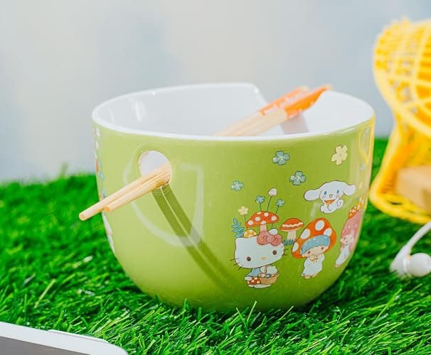 Silver Buffalo Sanrio Hello Kitty and Friends Mushroom Crew Ceramic Dinnerware Set | Includes 20-Ounce Ramen Noodle Bowl and Wooden Chopsticks | Asian Food Dish Set For Home & Kitchen thumbnail 6