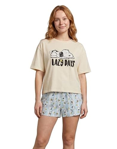 Peanuts Snoopy Women's Cream Short Sleeve Pyjama Set | Blue Lazy Days Shorts with Snoopy and Woodstock Print - Image 1