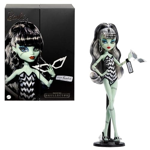 Monster High x Barbie Frankie Stein Doll with Original Barbie-Inspired Swimsuit and Solo in the Spotlight Black Evening Dress, Accessories - Image 1