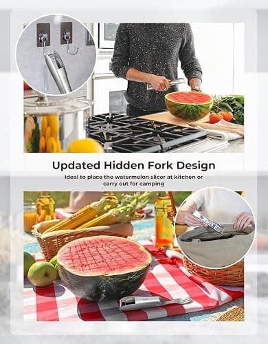 CripsTaste Watermelon Cutter with Retractable Fork, 2-in-1 Stainless Steel Fruit Cutter Watermelon Cutter Slicer Tool, Melon Slicer Cutter Tool for Home Party Camping Kitchen Gadget thumbnail 4