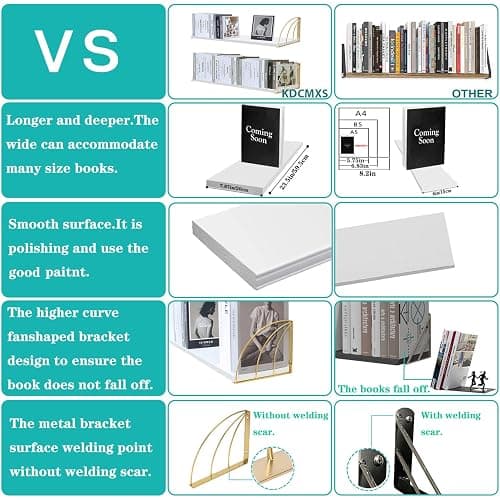 KDCMXS Gold White Shelves Pine Wood 23.5×7.87 Inch Book Shelf for Wall with Elegant Lines,Gold Floating Shelves,Floating Shelves for Wall,White Floating Bookshelf Set of 2. thumbnail 4