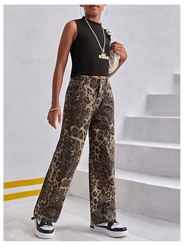 Floerns Girl's Leopard Jeans Mid Waist Straight Leg Y2k Grunge Denim Pants thumbnail 5
