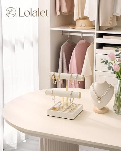 Lolalet 2-Tier Bracelet Holder Organizer, PU Jewelry Display Stand -Beige | Easy-Clean Jewelry Holders with Storage Tray for Ring, Space-Saving Watch Rack for Vendors, Room Decor, Gift for Girls Women thumbnail 2