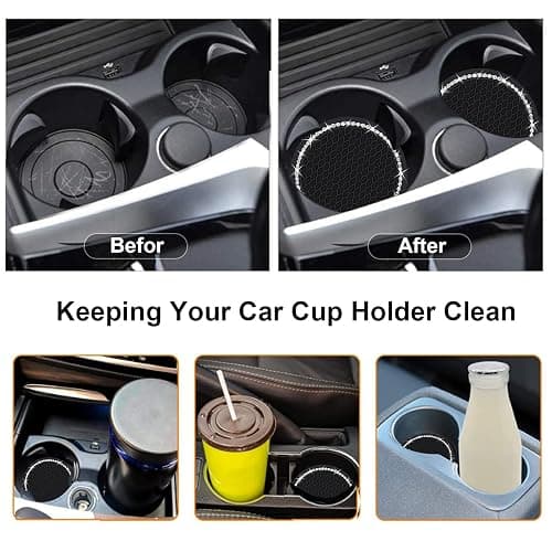 2PCS Bling Car Cup Coaster, 2.75 Inch Auto Cup Holder Insert Coasters Silicone Anti-Slip Crystal Rhinestone Drink Mat, Universal Vehicle Interior Accessories for Women Girls (Black) thumbnail 2