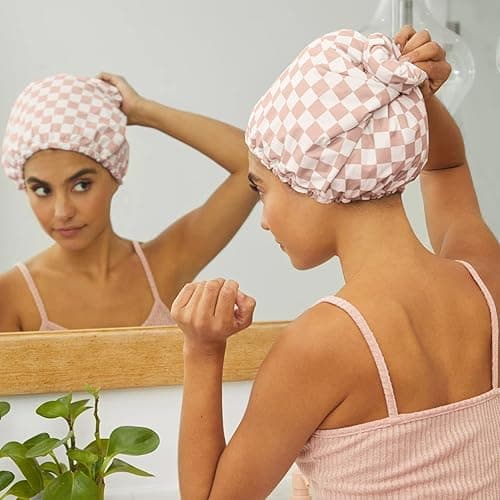 Kitsch Luxury Shower Caps for Women Reusable Waterproof - Flexi Satin Lined, Large Shower Cap for Men, Non-slip, Quick-dry, Adjustable, Stylish Hair Cap for Long & Short Hair - Terracotta Checker - Terracotta Checker thumbnail 7