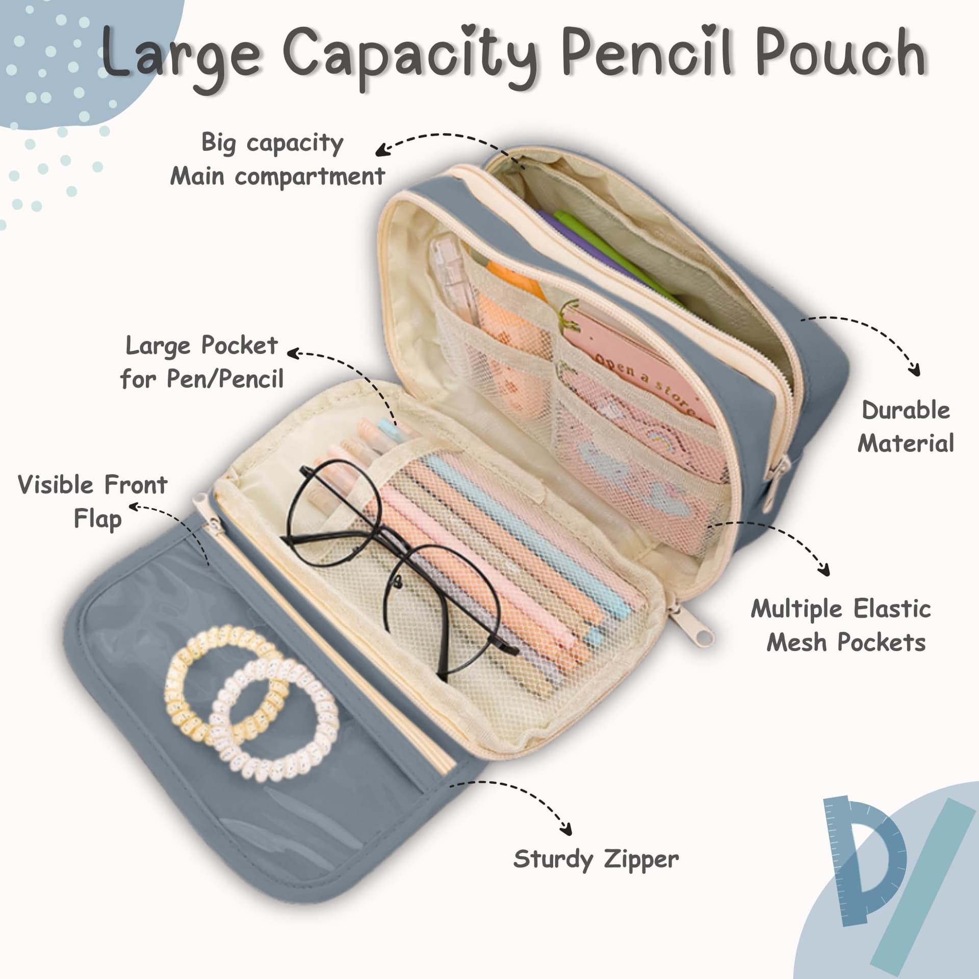 Large Capacity 9-Layer Canvas Pencil Pouch for Girls & Boys, Multipurpose Aesthetic Pouch for Stationery Items, Makeup, Accessories, College Essentials for Students, Gift for Kids (Blue) thumbnail 2