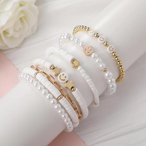 Preppy Bracelets Set Colorful White Gold Smile Heart Star Polymer Beaded Pearl Clay Stackable Charm Y2K Kidcore Aesthetic Summer Beach Bohemian Stretch Layering Bracelets Jewelry for Girls Women Teens thumbnail 6