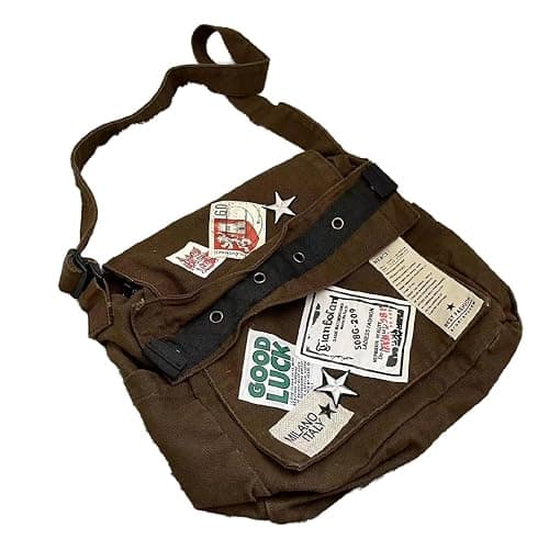 Canvas Messenger Bag for Women Vintage Crossbody Bag Star Patch Grunge Shoulder Bag - Image 1