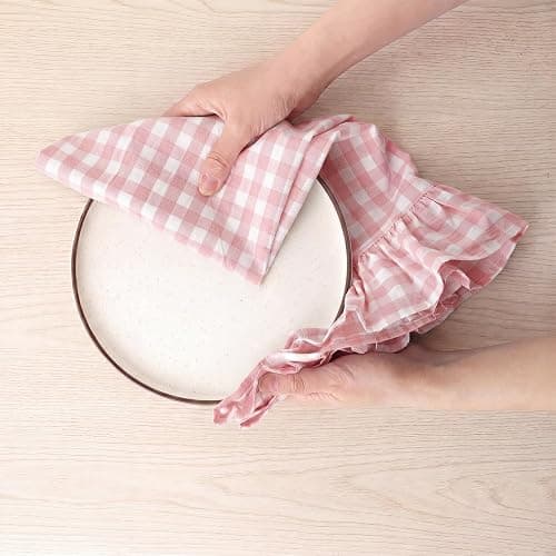 HunnmingRe Light Pink Kitchen Towels Set of 2, 100% Cotton Ruffled Gingham Dish Towels 18"x28" Absorbent Tea Cloths Classic Plaid Pattern for Farmhouse Charm, Drying Dishes, Entertaining Guests thumbnail 6
