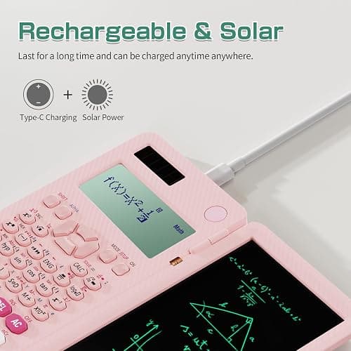 Rechargeable ROATEE 991ES MAX Scientific Calculators, CalcNote Multiview 4-Line Display with LCD Writing Tablet Notepad, Foldable Portable for Business High School College Students and Teacher(Pink) thumbnail 4